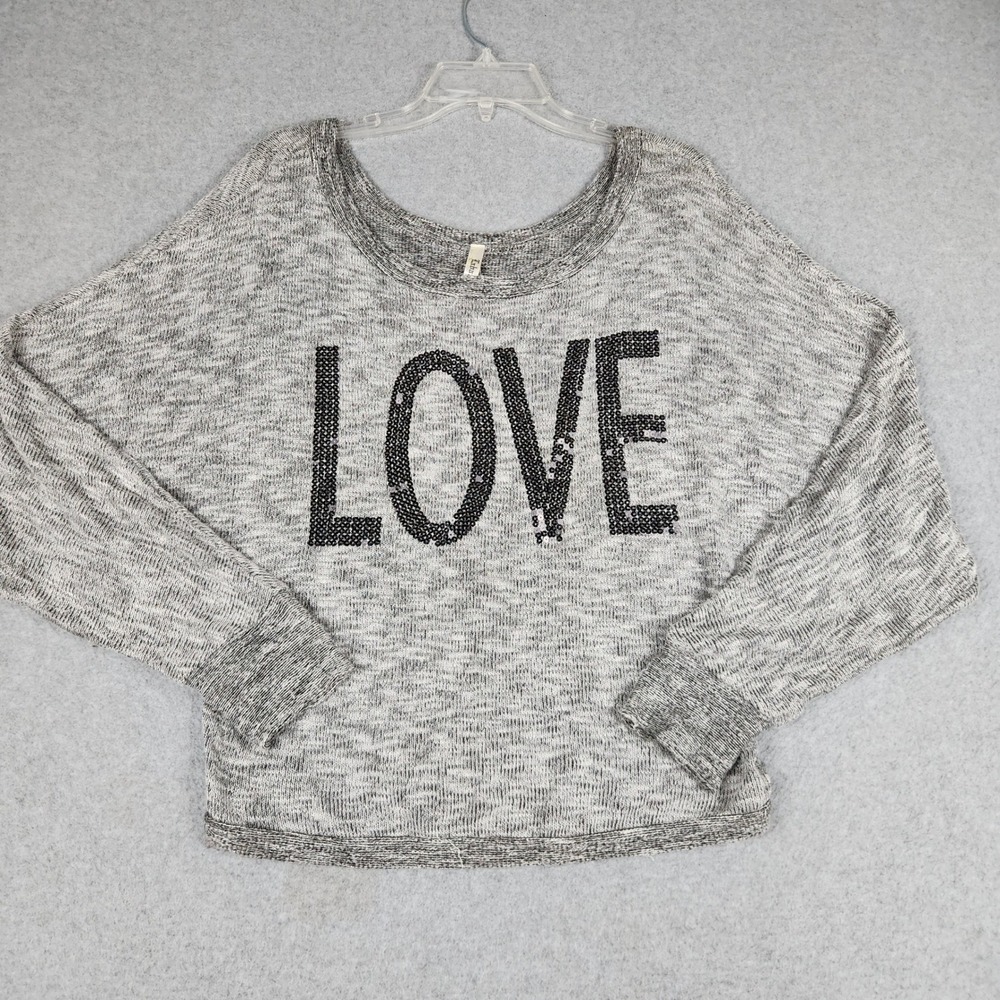 Labanga LOVE Shirt Womens Large Gray Marled Graphic Sequin Drop Shoulder Sleeve